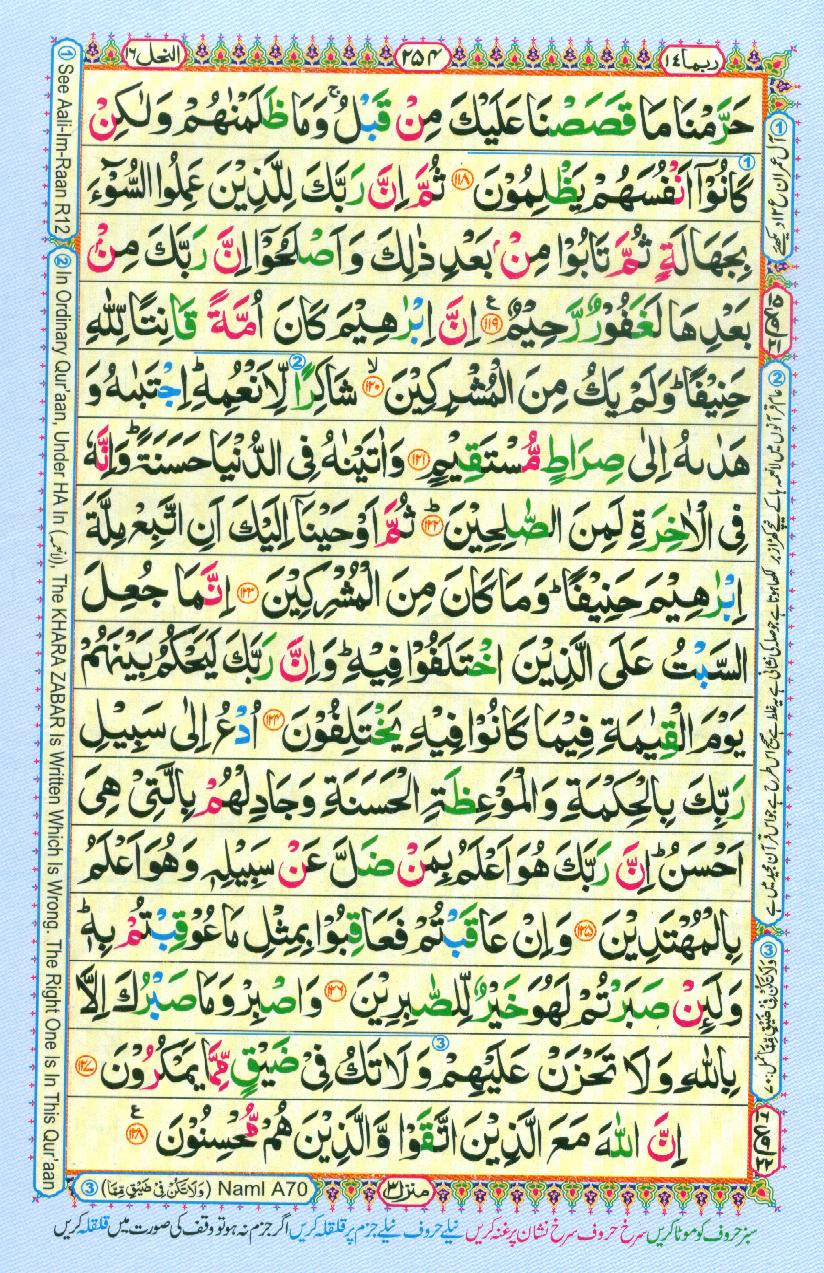 Read 16 Lines Coloured Al Quran Part 14 Page No 254, Practice Quran