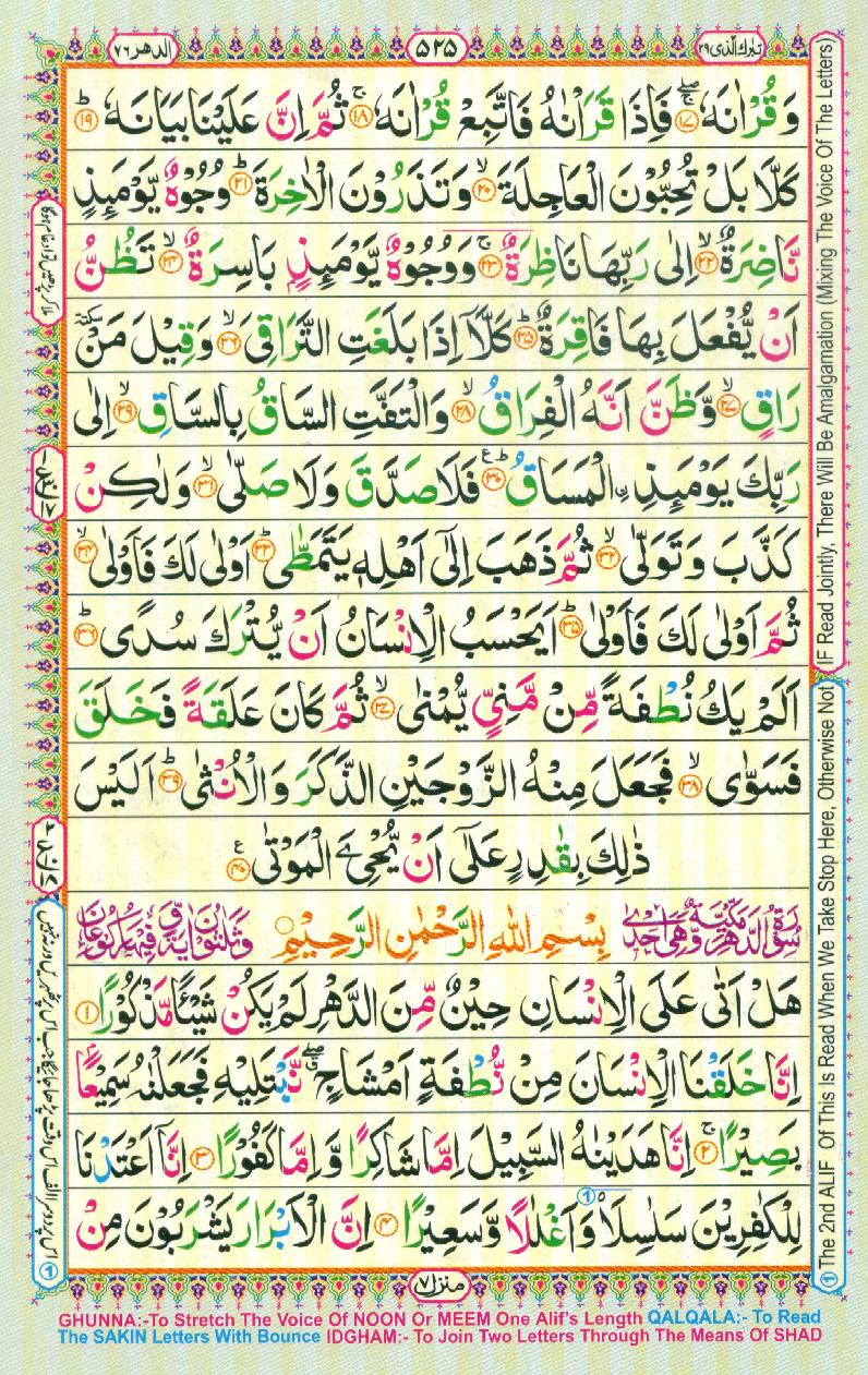 Read 16 Lines Coloured Al Quran Part 29 Page No 525, Practice Quran