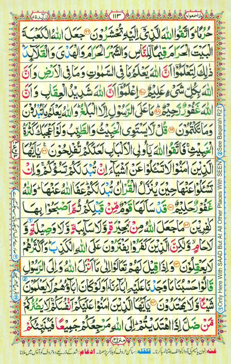 Read 16 Lines Coloured Al Quran Part 7 Page No 113, Practice Quran