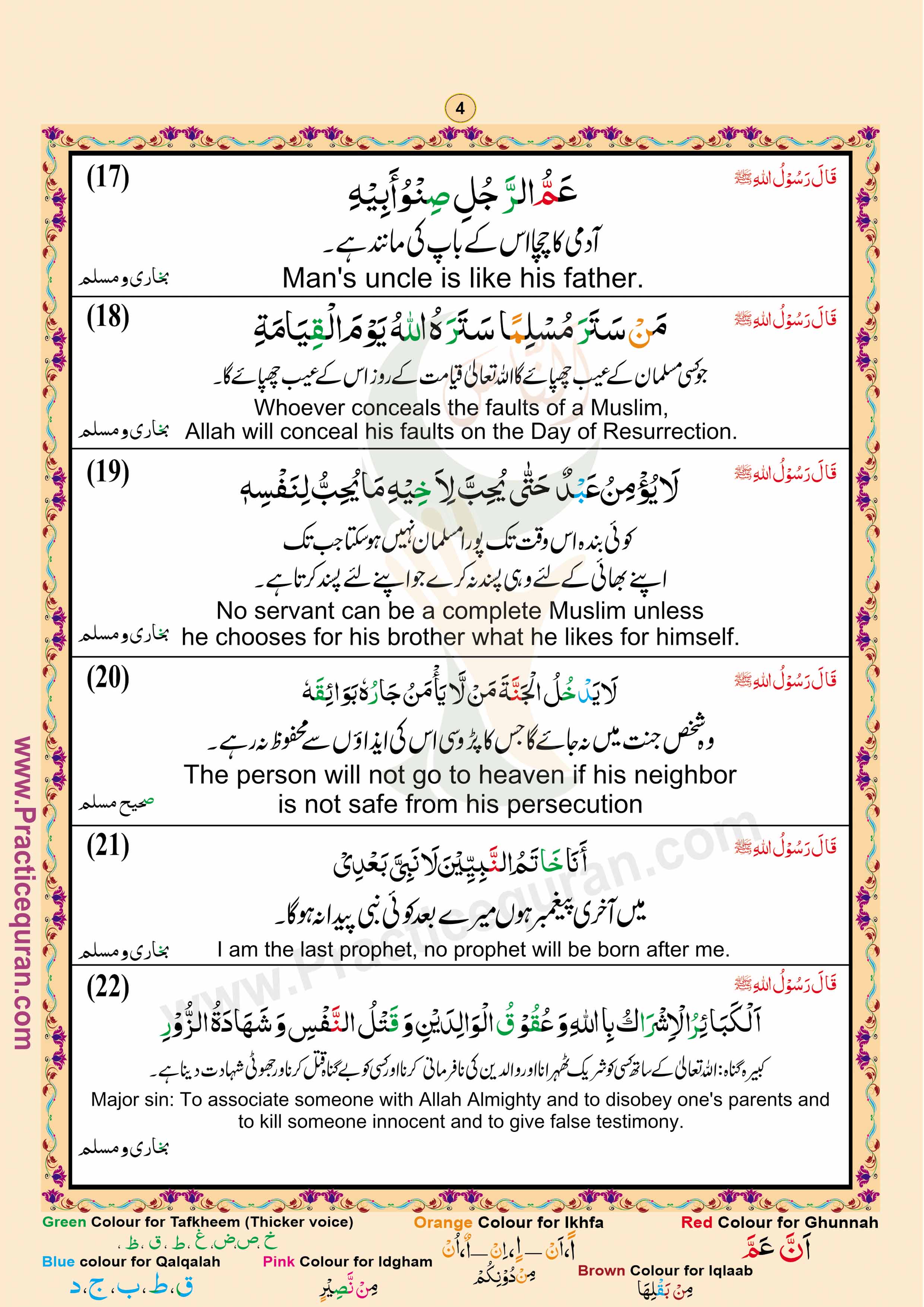 Read Forty Hadith Page No 4, Practice Quran